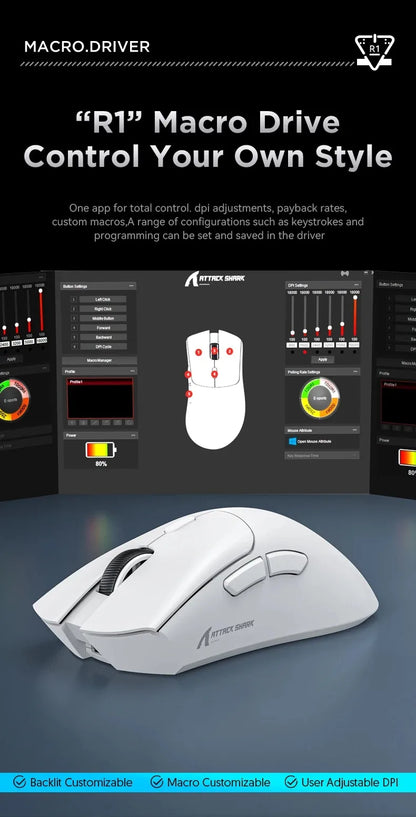 Attack Shark R1 Wireless Gaming Mouse, Tri-Mode Bluetooth Gaming Mouse with PAW3311 Sensor, 18000 DPI, 1000Hz Polling Rate, Rechargeable Ergonomic Gaming Mouse