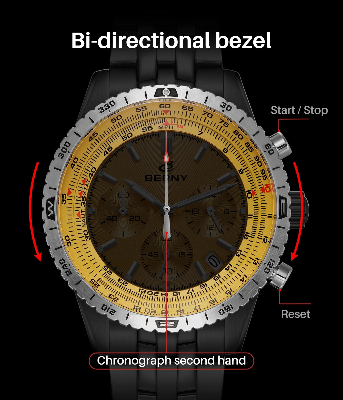 BERNY Aviation Men's Watches Quartz Chronograph Watch Date Sapphire Super Luminous Luxury Brand Dress Man Wristwatch