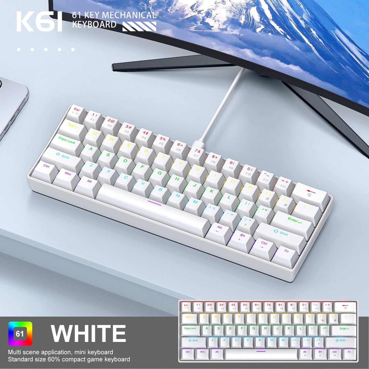61 Keys Mechanical Keyboard Wired, APAYADO K61 RGB 60% Portable Mini Keyboard Black, White, Red/Blue Switch for Gaming