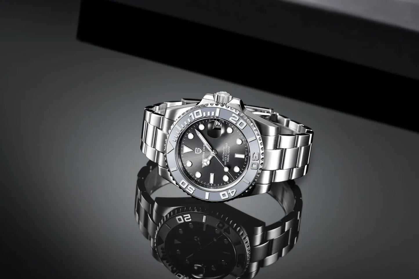 PAGANI DESIGN Automatic Watch Rose Gold Diver Watch 100M Waterproof Luxury Sport Wristwatch Black Rubber Strap Relogio Masculino