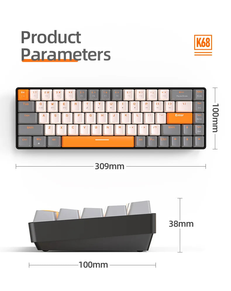 FREEWOLF K68 Mechanical Keyboard, Bluetooth Wireless, Blue and Red Switches, Hot-swap, Small Size Mini Keyboard