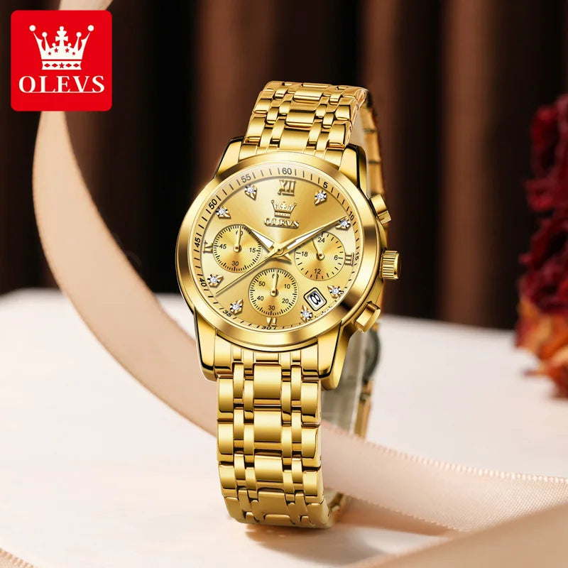 OLEVS 2858 Chronograph Quartz Wristwatches for Woman Fashion Elegant Classic Auto Date Waterproof Stainless Steel Women's Watch