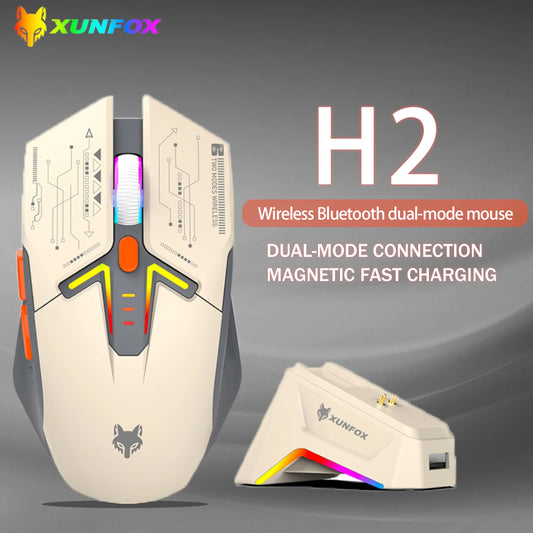 Rato XUNSVFOX H2 sem fios Bluetooth de modo duplo, iluminação RGB, para portátil, gaming e escritório, com carregamento magnético