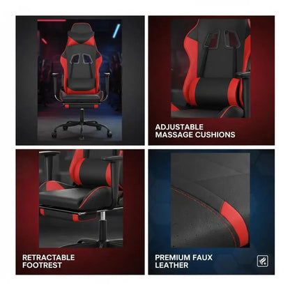 Massage Gaming Chair with Footrest Black and Red 66X56X120.5-131 cm in Imitation Leather, Reclining 360° Swivel Chair Maximum 110 kg
