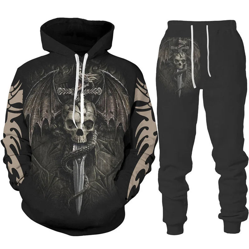 Conjunto de fato de treino para homem e mulher com estampado 3D de dragão retro tatuado, hoodie casual + calças, conjunto de 2 peças, sweatshirt oversized, moda masculina