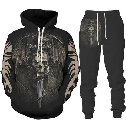 Conjunto de fato de treino para homem e mulher com estampado 3D de dragão retro tatuado, hoodie casual + calças, conjunto de 2 peças, sweatshirt oversized, moda masculina