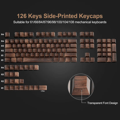Teclas PBT translúcidas Cherry com gravação lateral e padrão de madeira, 126 teclas, personalizadas para teclado mecânico 60/84/98/108