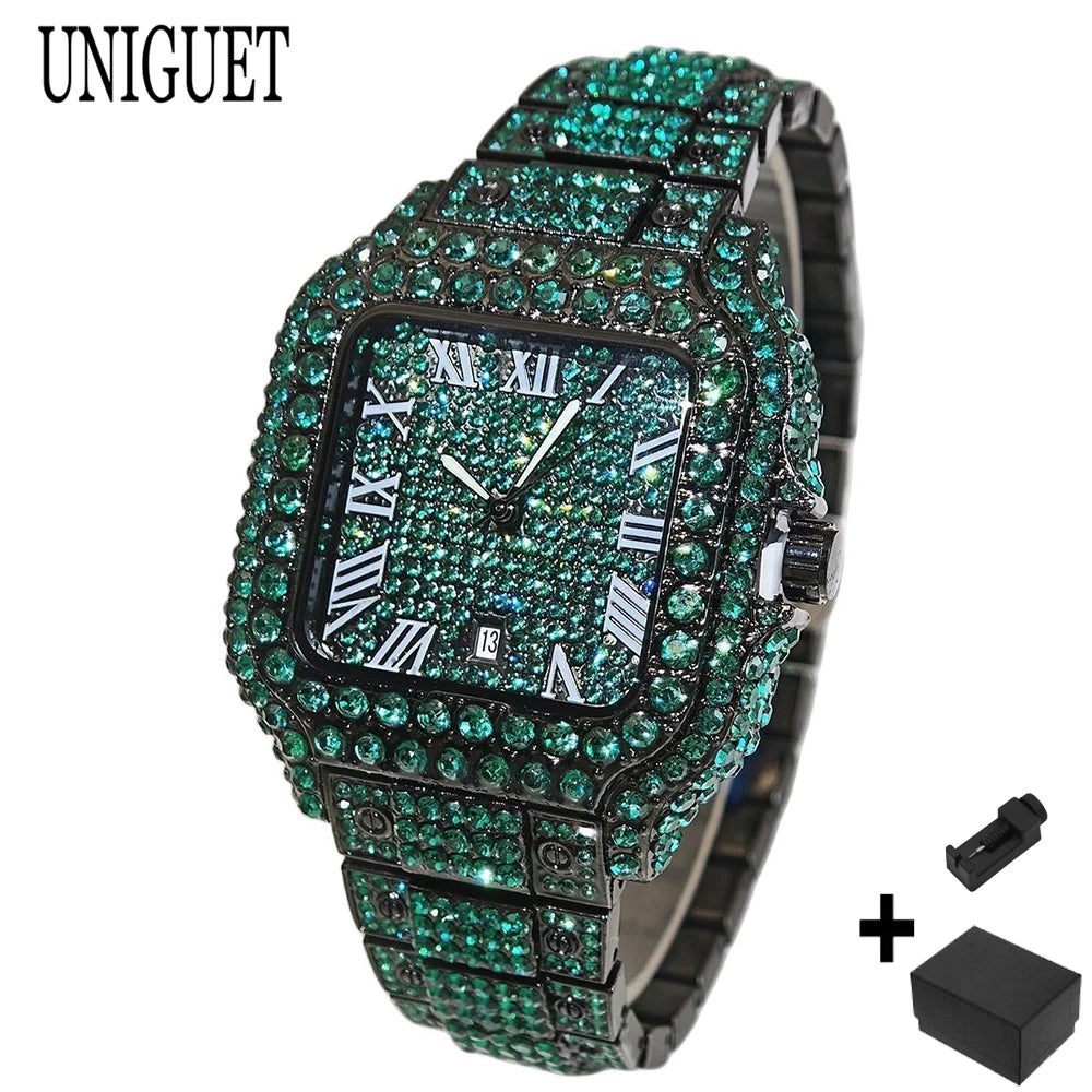 UNIGUET Cool Men's Watch Luxury Stainless Steel Quartz Watch Hip Hop Black Diamond Square Design Fashion Iced Wristwatch for Men