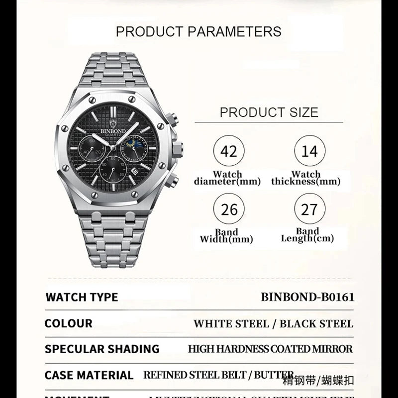 BINBOND 0161 Brand Man Quartz Watch Luxury Luminous Chronograph Wristwatch Stainless Steel Waterproof Men Date Calendar Clock