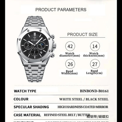 BINBOND 0161 Brand Man Quartz Watch Luxury Luminous Chronograph Wristwatch Stainless Steel Waterproof Men Date Calendar Clock