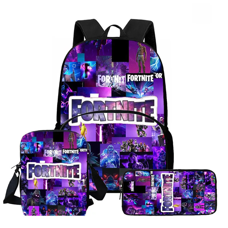 Conjunto de Mochila Fortnite Cartoon de 3 Peças Unissexo para Rapazes e Raparigas, Mochila com Bolso Frontal, Mala a Tiracolo e Estojo, Presente Ideal