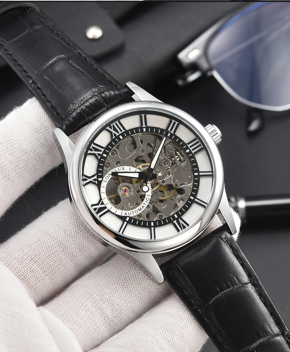 LONGLUX automatic watch rome wholesale mechanical wristwatches waterproof hollow leather mens watch men gift