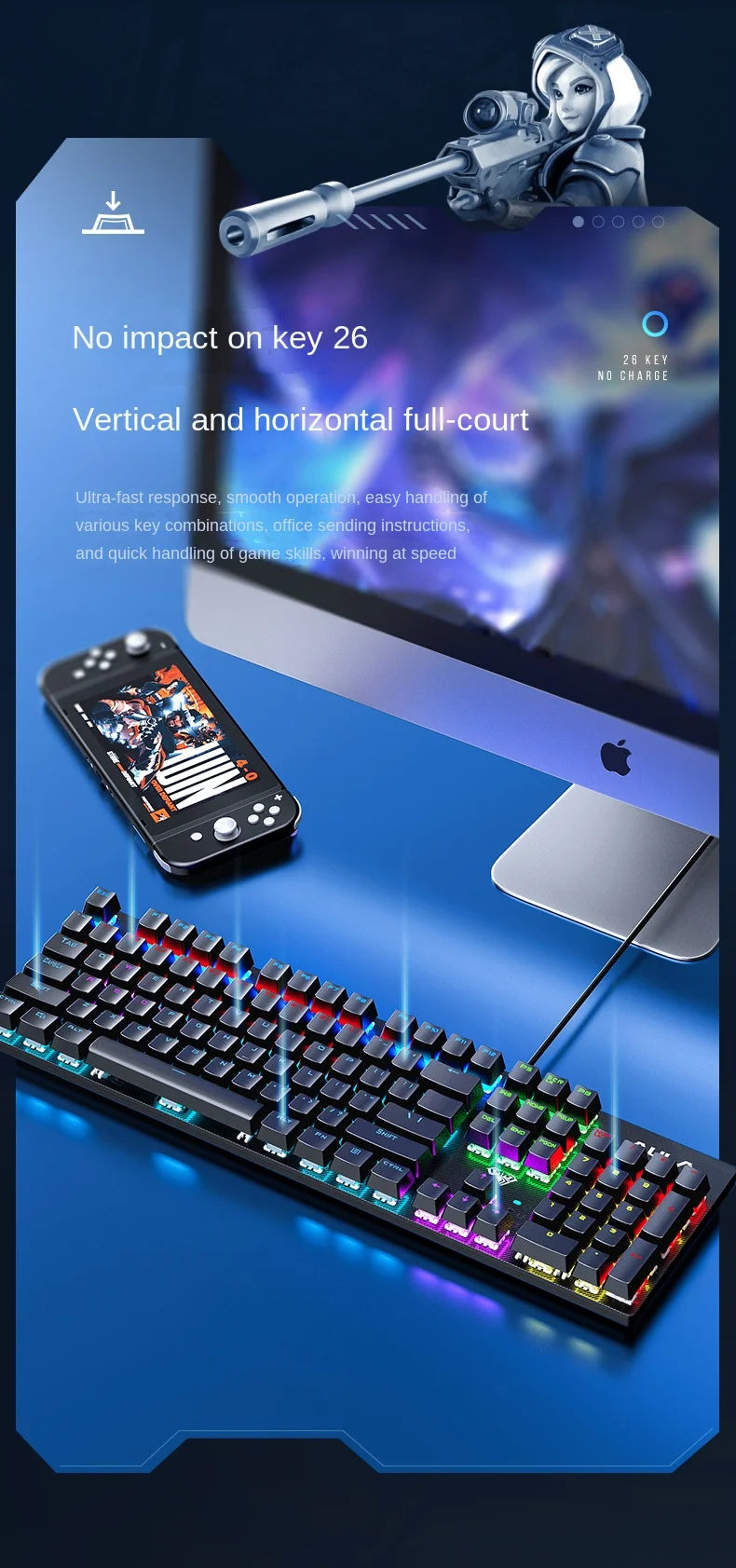 Wired Mechanical keyboard Gamer USB Keyboards gaming Backlit Musical 100% Computer 104 keys keyboard Ergonomic PC keyboard