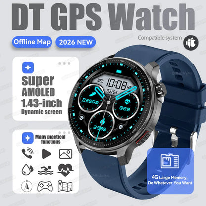 New GPS Offline Maps Smart Watch Men Memory 3D Menu Styles TWS MP3&MP4 Player 1.43"AMOLED Compass Sport Swim Waterproof Bracelet