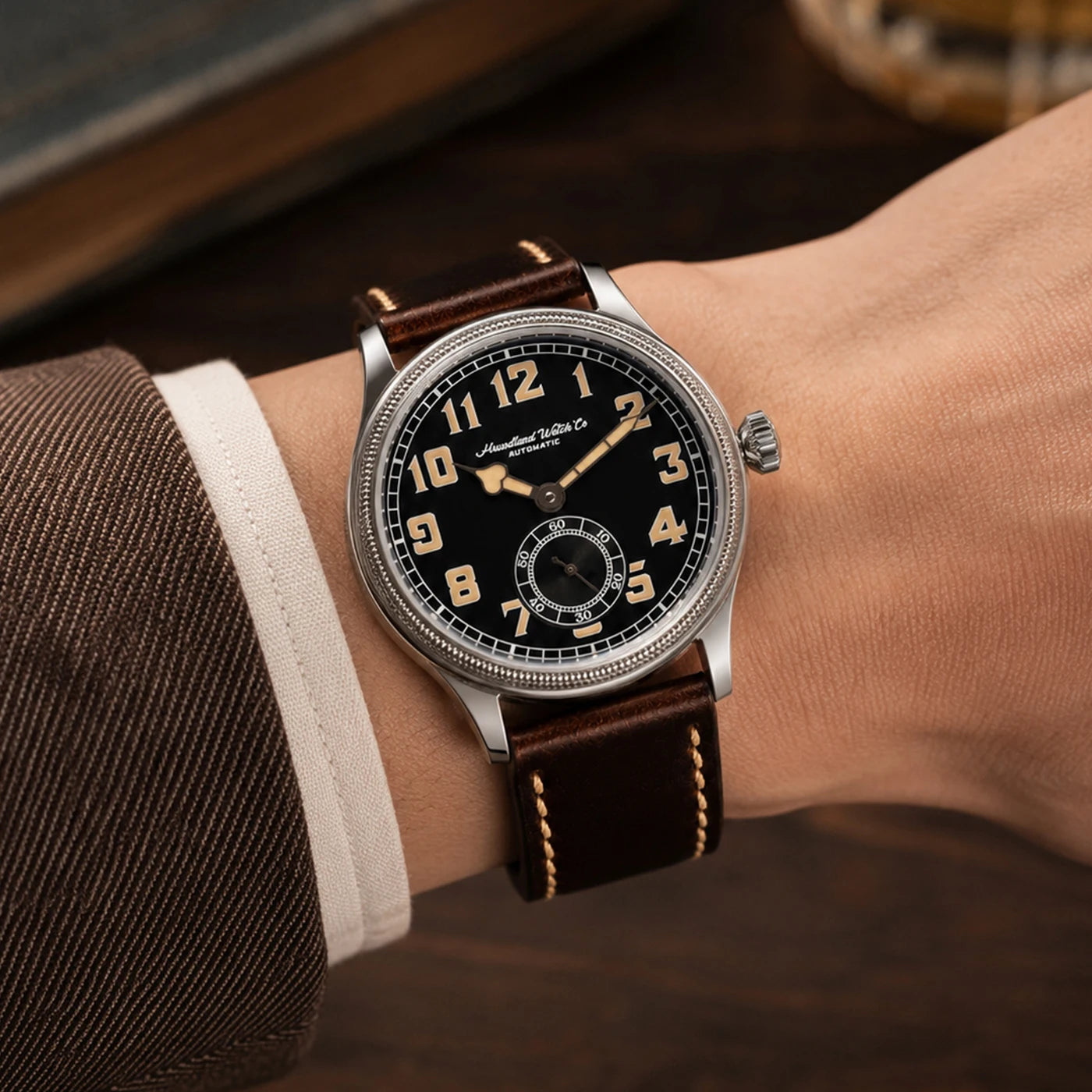 HRUODLAND Retro Flieger Automatic Watches for Men 38mm Seagull ST1701 Mechanical Wristwatch C3 Green Luminous K1 Mineral Bubble Crystal Oil Leather Strap Business Pilot Watch