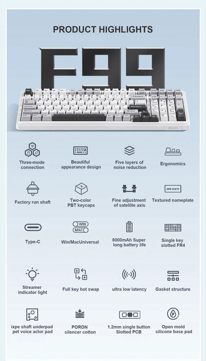 Teclado mecânico AULA F99 Bluetooth 5.0/2.4G sem fios/com fios, teclado gaming com montagem gasket, 99 teclas, personalizável
