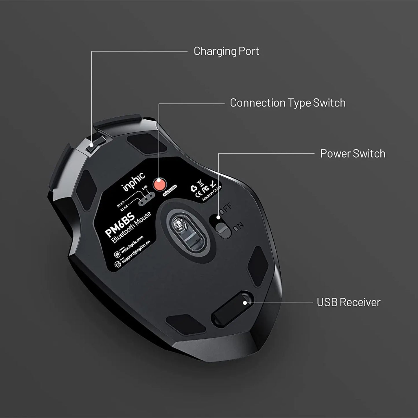 INPHIC A1 Bluetooth Wireless Mouse Rechargeable Tri-Mode 2.4G Optical Mouse for Laptop, Mac, PC, Tablet & Mobile with 1600 DPI