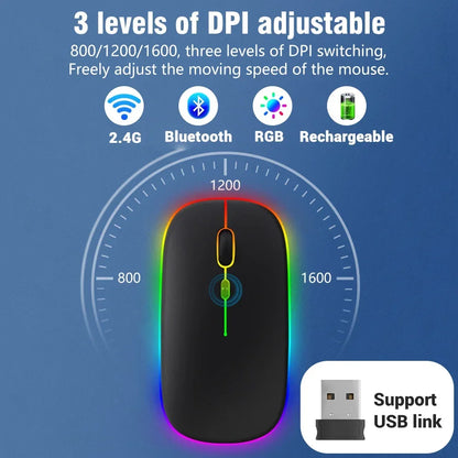 Rato sem fios recarregável de modo duplo, compatível com Bluetooth, 2.4G USB, para computador portátil, iPad, tablet e notebook, rato gaming