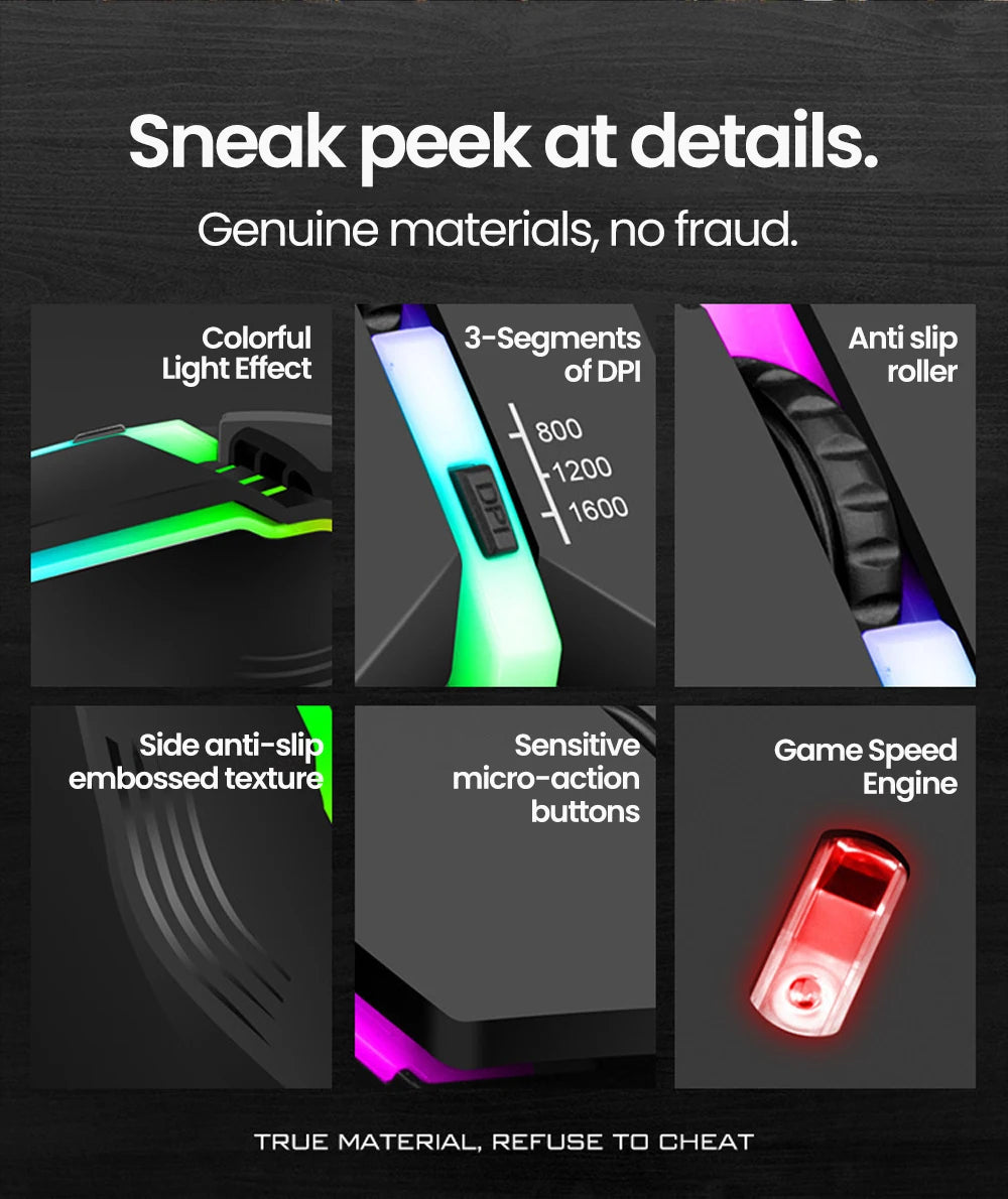 Rato Gaming USB com Fio RGB Retroiluminado e Botão Silenciar, para PC de Secretária, Portátil, Computador, Casa e Escritório, LED Luminoso, 1600DPI