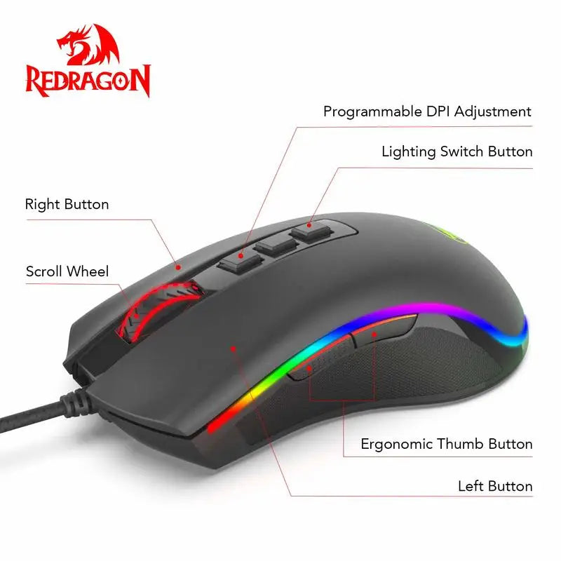Rato Gaming para PC Redragon M711 com Fio, 7 Botões Programáveis, RGB Personalizável, 10,000 DPI, Ergonómico