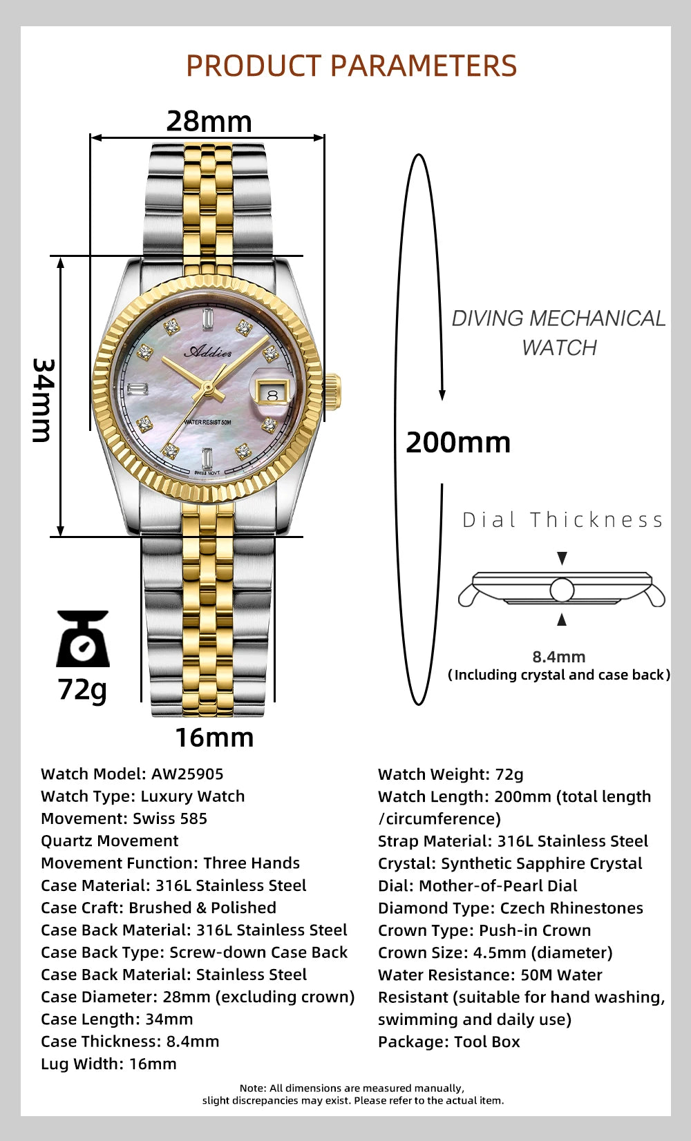 ADDIES New Luxury Women's Watches 28mm Sapphire Glass 50m Waterproof 316L Stainless Steel Business Quartz Wristwatch For Woman