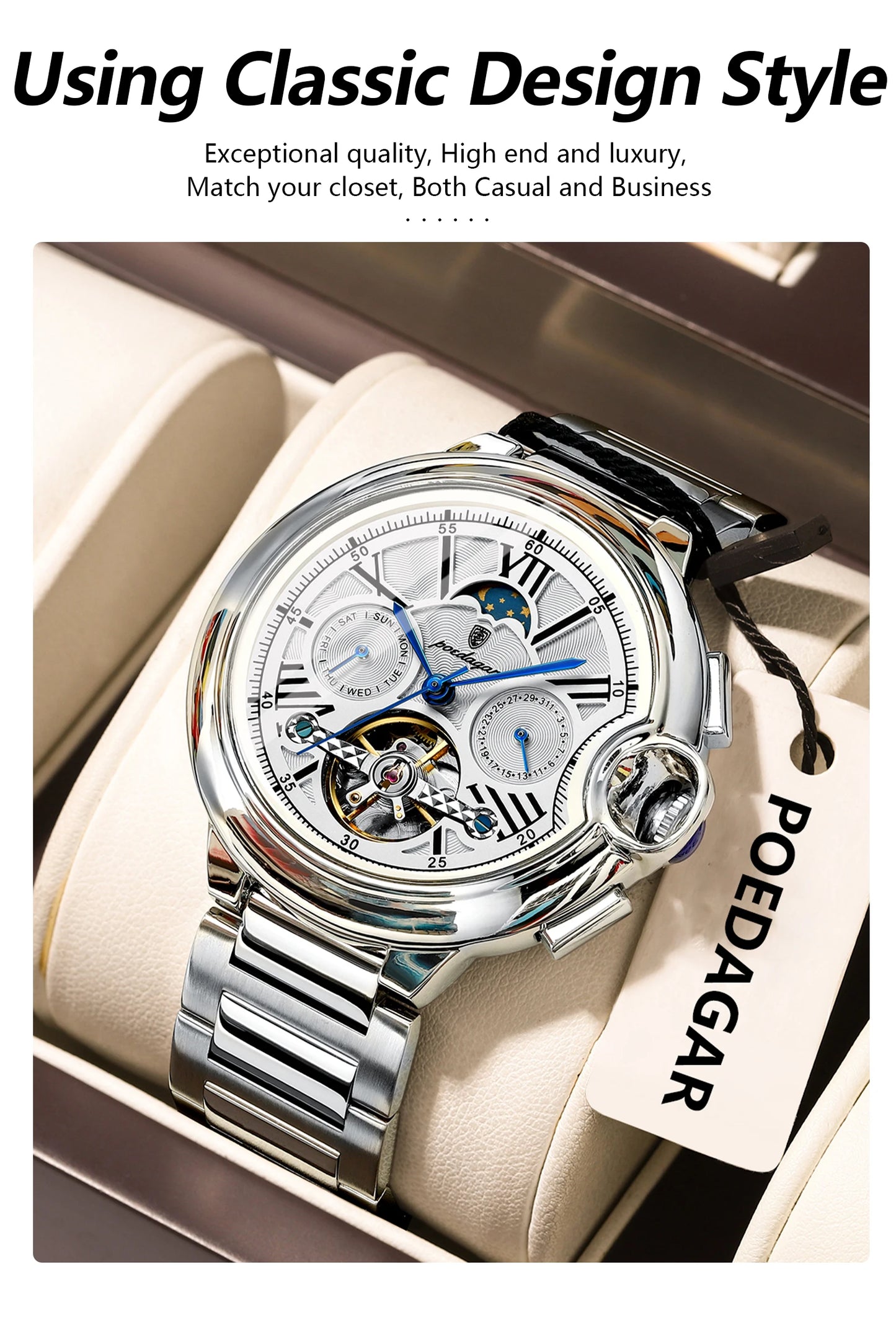 POEDAGAR Luxury Male Watch Tourbillon Date Week Stainless Steel Men Watch Waterproof Automatic Mechanical Military Men's Watches