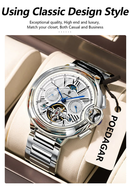 POEDAGAR Luxury Male Watch Tourbillon Date Week Stainless Steel Men Watch Waterproof Automatic Mechanical Military Men's Watches