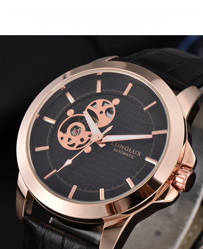 Automatic Watch Minimalist Elegant Everyday Skeleton Waterproof Mechanical Watches Rose Gold Leather Mens Watch Men Gift for Him