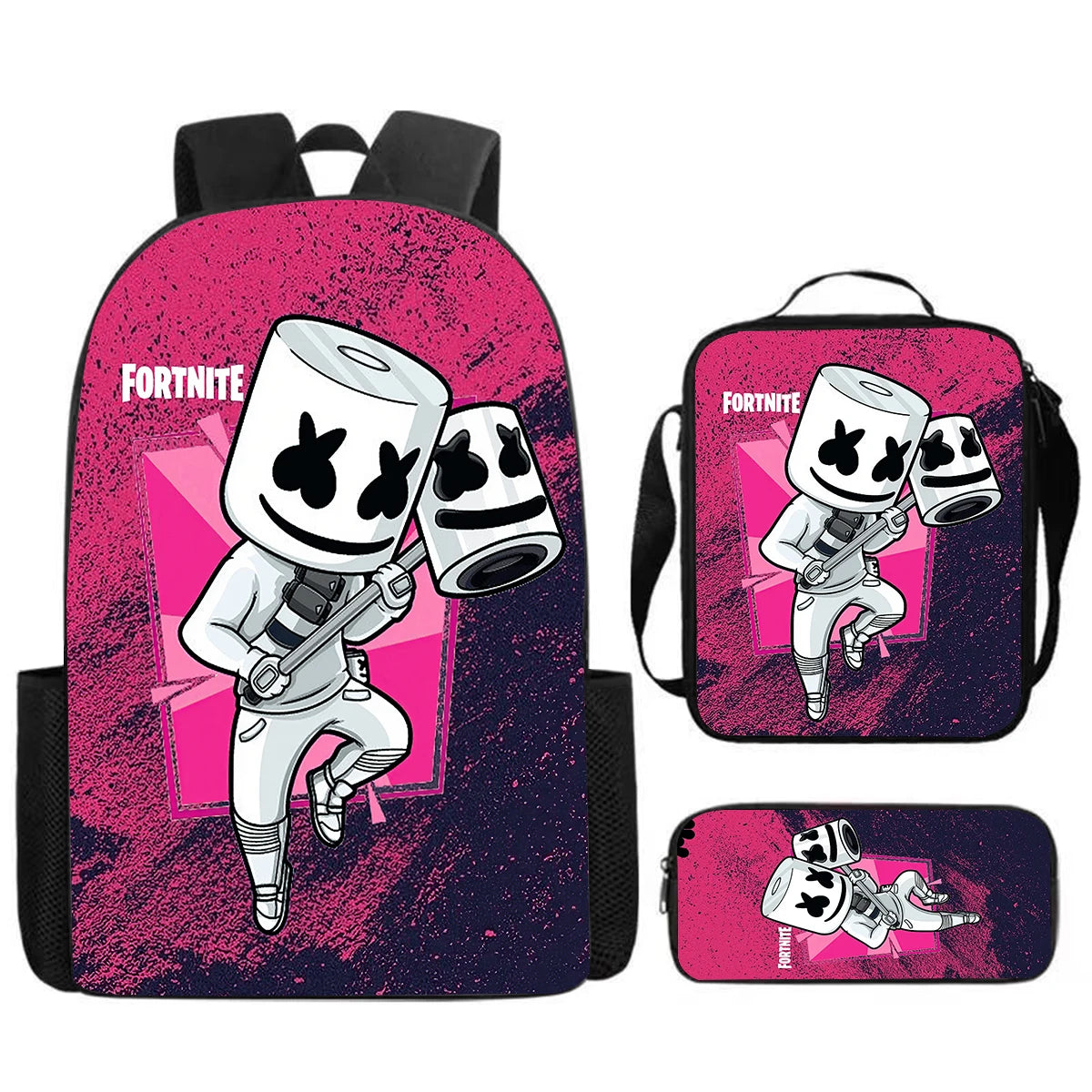 Conjunto Fortnite Cartoon de 3 peças, grande capacidade, adequado para rapazes e raparigas dos 5 aos 8 anos, inclui mochila, lancheira e estojo