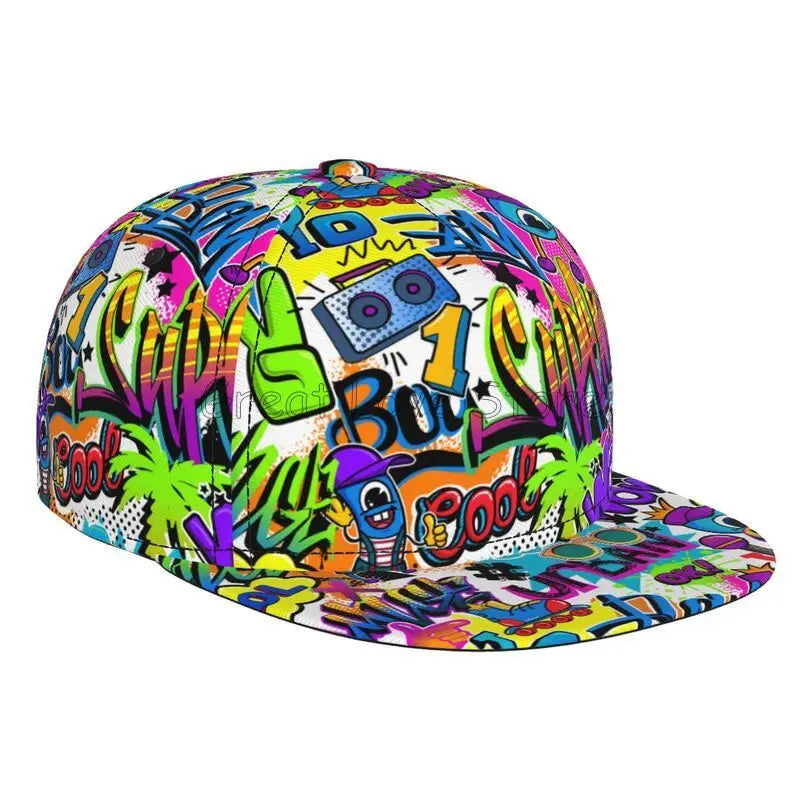 Farverig baseballcap med graffitikunst-print, justerbar snapback-kasket til mænd og kvinder, unisex hiphop-kasketter med flad skygge