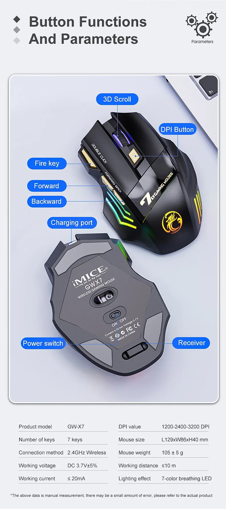 Rato Gaming Sem Fios USB IMICE GW-X7 3200DPI Modo Duplo Recarregável 7 Teclas 2.4Ghz Rato Silencioso Bluetooth LED Respirante de 7 Cores