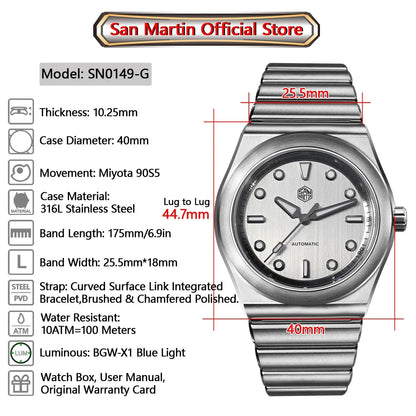 San Martin 40mm Men Sports Watch SS Brushed Dial Integrated Bracelet Miyota 90S5 Original Design Automatic Mechanical SN0149