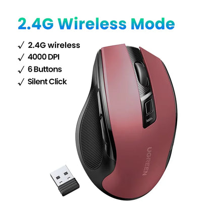 Mouse wireless UGREEN Bluetooth 5.0 ergonomico 4000DPI con 6 pulsanti silenziosi per MacBook, tablet, laptop, computer e PC, mouse 2.4G