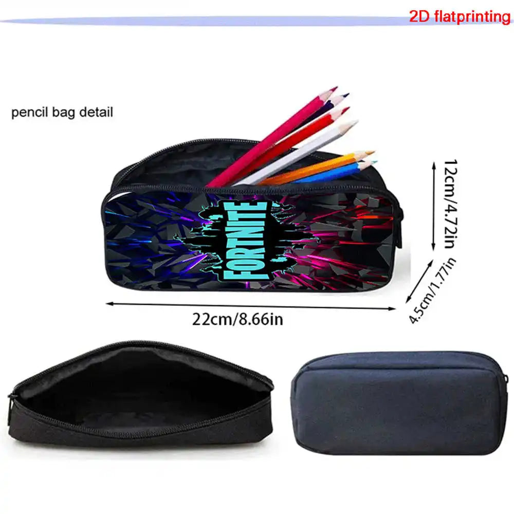 Conjunto de Mochila Fortnite Cartoon de 3 Peças Unissexo para Rapazes e Raparigas, Mochila com Bolso Frontal, Mala a Tiracolo e Estojo, Presente Ideal