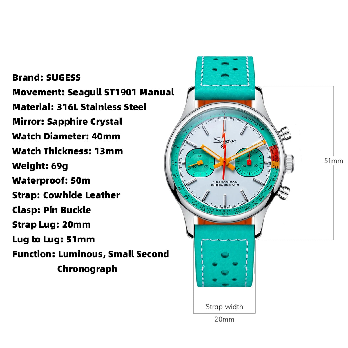 Sugess Chronograph Watch for Man ST19 Swanneck Movement Mechanical Wristwatches Sapphire Crystal Pilot Military Racing Clock New