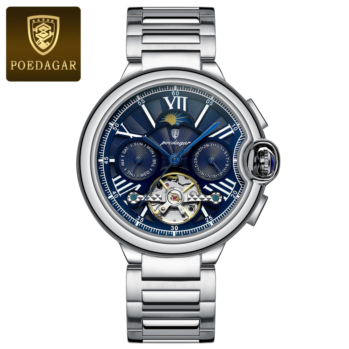 POEDAGAR Luxury Male Watch Tourbillon Date Week Stainless Steel Men Watch Waterproof Automatic Mechanical Military Men's Watches