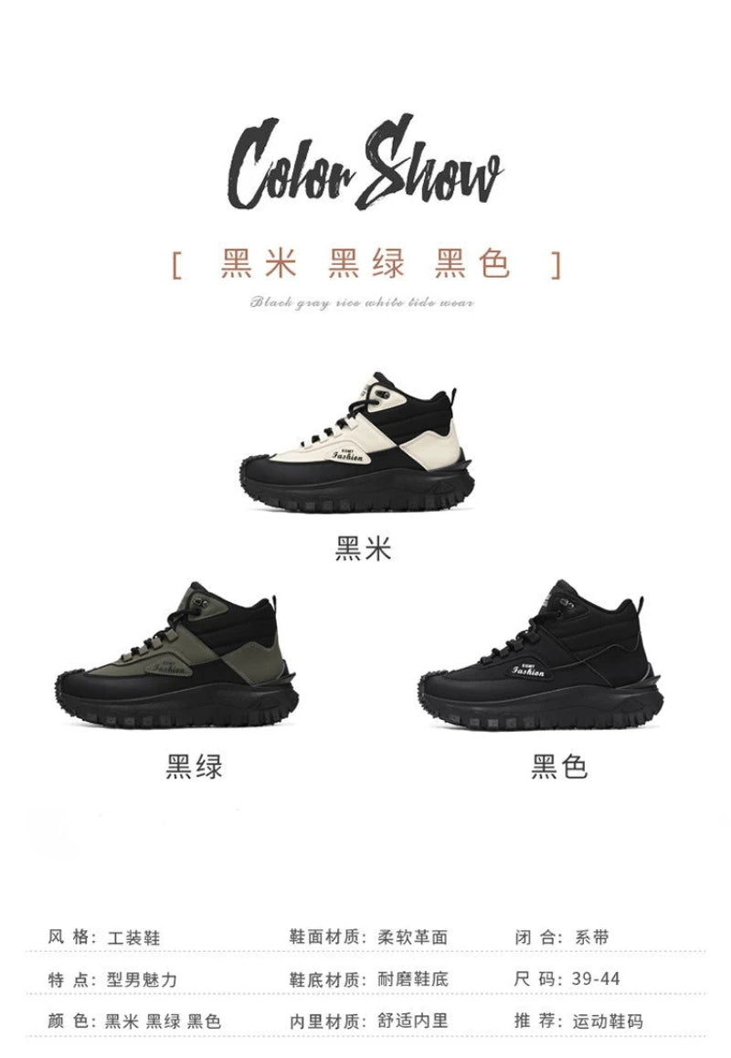 Men'S Black And White Mid Top Hiking Boots Waterproof Leather Platform Sneakers Non Slip Outdoor Casual Shoes With Rugged Sole