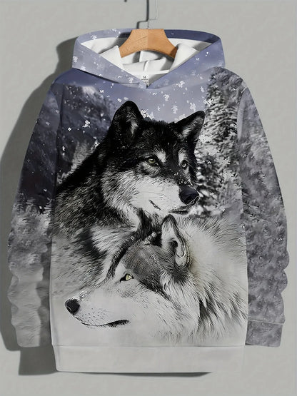 Camisola desportiva com capuz para homem, moda outono 2025, macia e confortável, com estampado de lobo, para exterior e estilo urbano