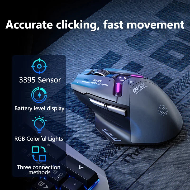 Mouse da gaming wireless Inphic IN9PRO 26000DPI 8K Polling Rate Bluetooth 5.0 cablato 2.4G tri-mode RGB ergonomico