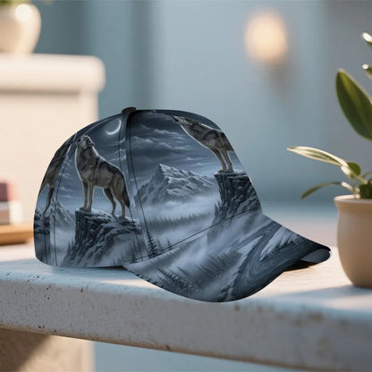 Boné clássico com estampado de lobo a uivar à lua, confortável e ajustável, com pala curva, ideal para uso diário e perfeito para a família