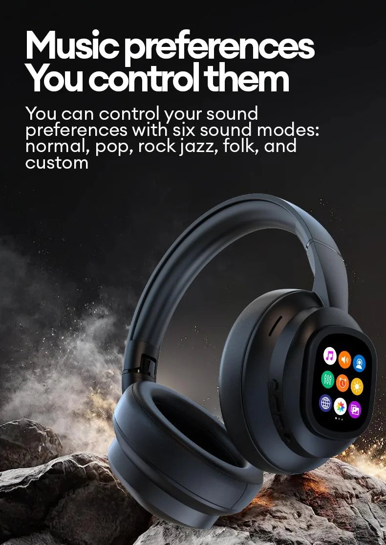 Auscultadores Bluetooth sem fios com ecrã tátil LCD AI – Headset gaming com cancelamento de ruído ANC, graves profundos e microfone HD