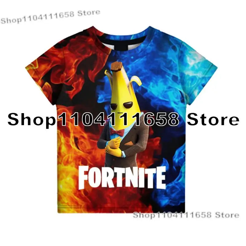 T-shirt Banana Peely para mulher, criança e homem, inspirado em F-Fortnite — T-shirt 3D estampada Battle Royale, top de verão, presente de aniversário