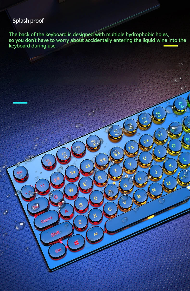 EWEADN GX330 Typewriter Gaming Keyboard, 104 Keys Wired Retro Punk Round Keycaps, with RGB Backlit, for Windows Laptop PC Black