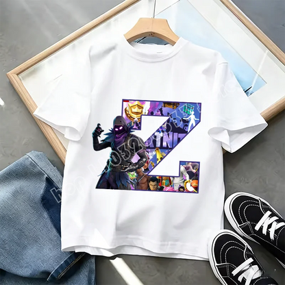 T-shirt Infantil Branco Fortnite com Estampado Alfabeto A-Z — Roupa de Verão, Jogo de Desenhos Animados Popular, Manga Curta Casual, Presente de Moda