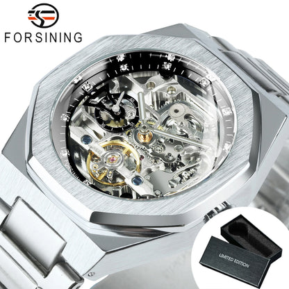 Forsining Tourbillon Skeleton Mechanical Watch for Men Luminous Hands Stainless Steel Strap Fashion Business Automatic Watches