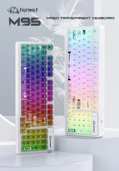 FREEWOLF M95 Kabelgebundene Tastatur mit transparentem RGB-Design, ideal für verschiedene Einsatzbereiche wie Gaming und Büroarbeit