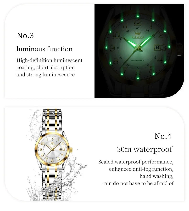 OLEVS Luxury Fashionable Ladies Quartz Watch Waterproof Wristwatch with Arabic Numerals Date Feature And Set Bracelet for Women