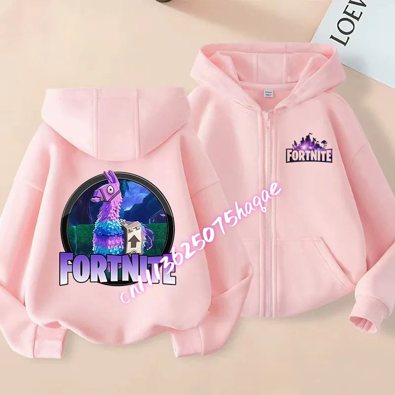 Novo hoodie infantil Fortnite com fecho de correr, estilo cartoon anime, casual e respirável, casaco para meninos, primavera 2026, roupa para criança
