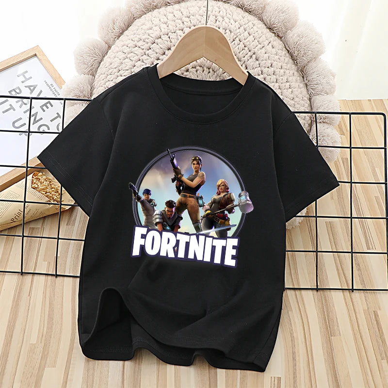 T-shirt infantil branco de algodão com estampado cartoon do tema Fortnite, manga curta, verão, jogo popular