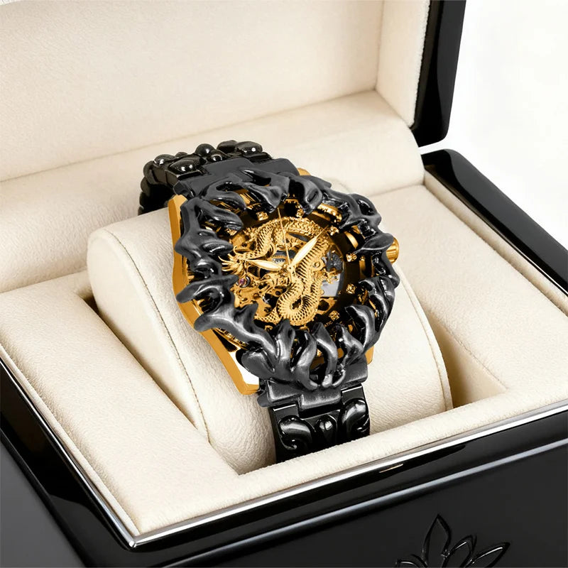 A men's yellow and black retro style classical irregular dragon patterned tourbillon mechanical watch